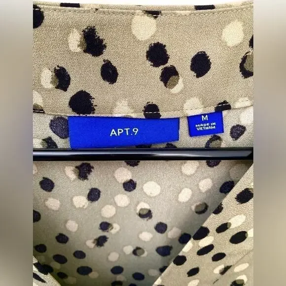 APT 9 | Olive Green Black Polka Dot Blouse | Size Medium - Picture 3 of 5